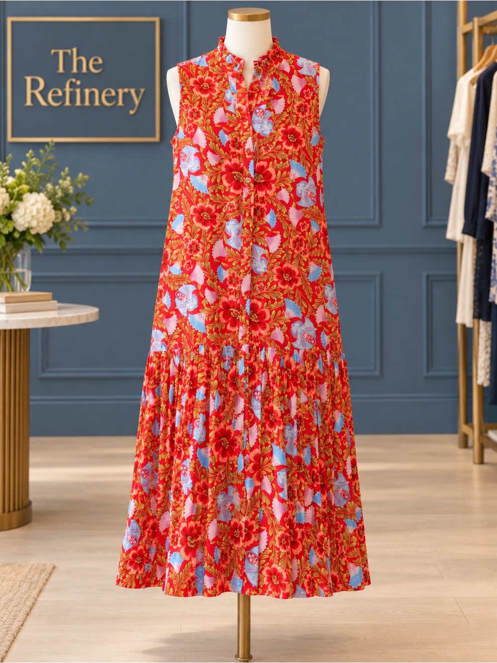 Sleeveless Red Floral Maxi Dress with Ruffled Neckline